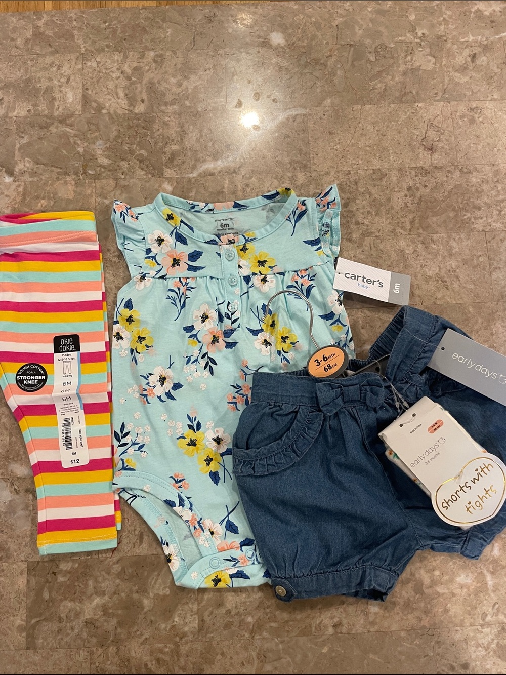 🔥 NWT🔥 Denim Blue Baby Shorts with Tights, Carters onesie and Okie Dokie pants